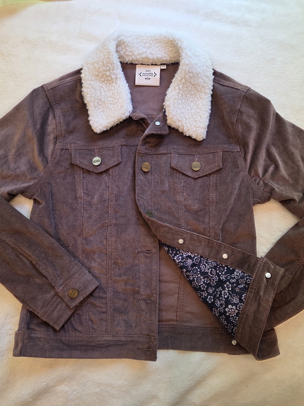 Nanette Lepore Brown Corduroy Jacket with Cream Sherpa Collar